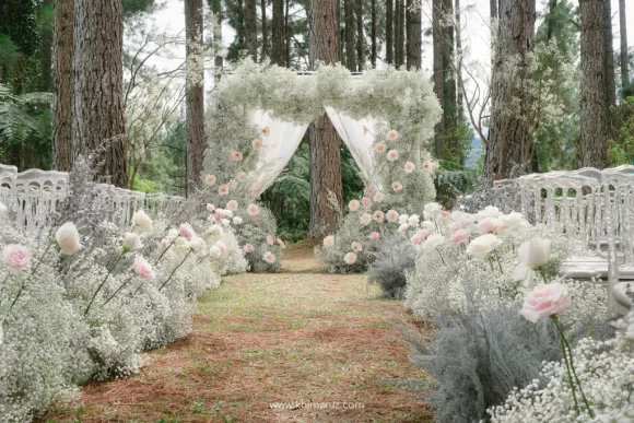 gypsophila floral entrance arch forest wedding ceremony with pine trees of Christian and Jillian by Khim Cruz