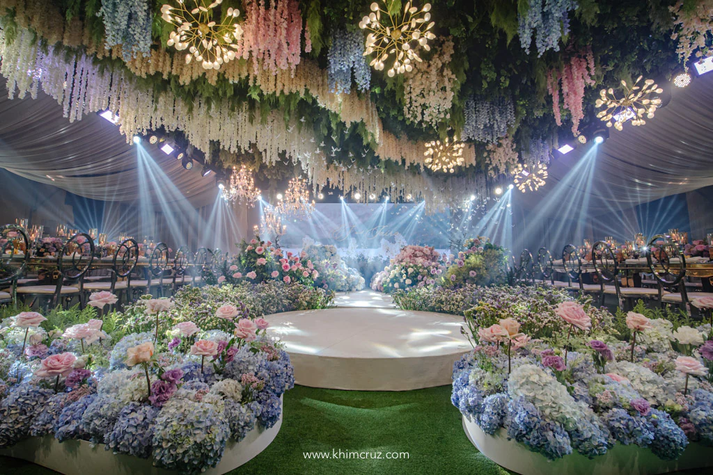 spring garden wedding reception floral paradise with beautiful ceiling installation designed and styled by Khim Cruz