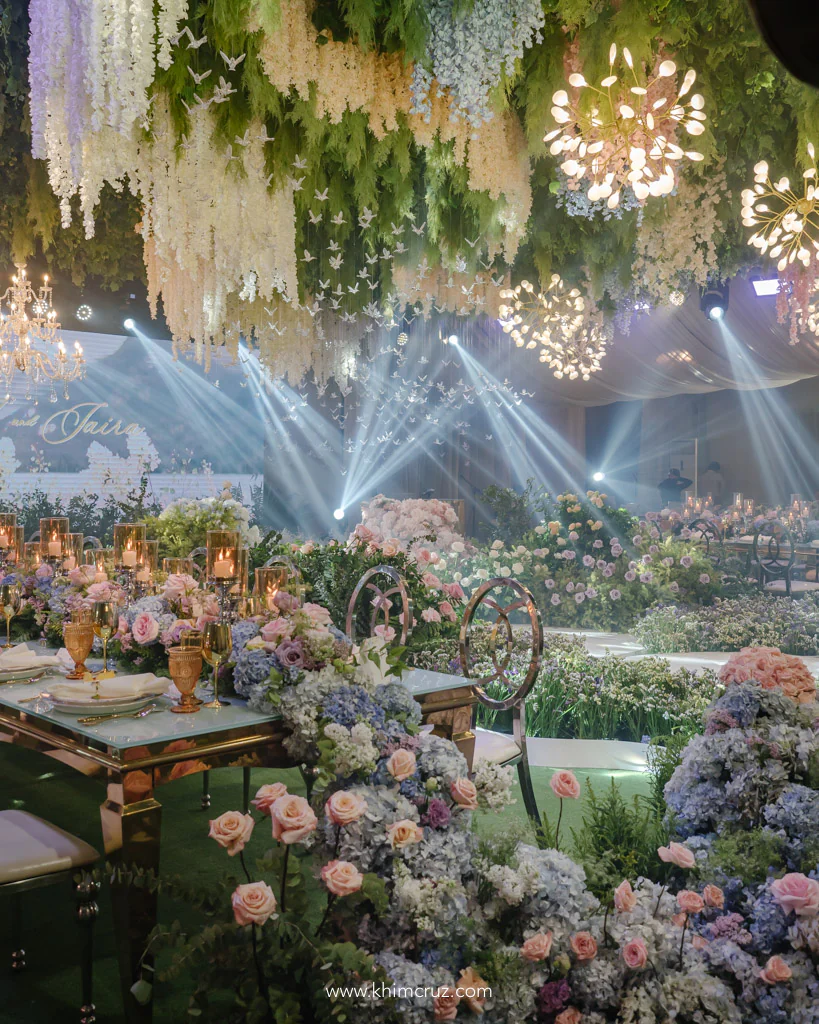 spring garden wedding reception of EJ and Jaira with cascading florals and ceiling works