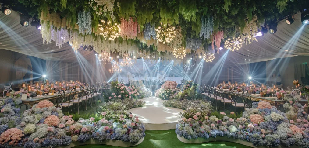 spring garden wedding reception with blue hydrangeas and ceiling works for EJ and Jaira by Khim Cruz