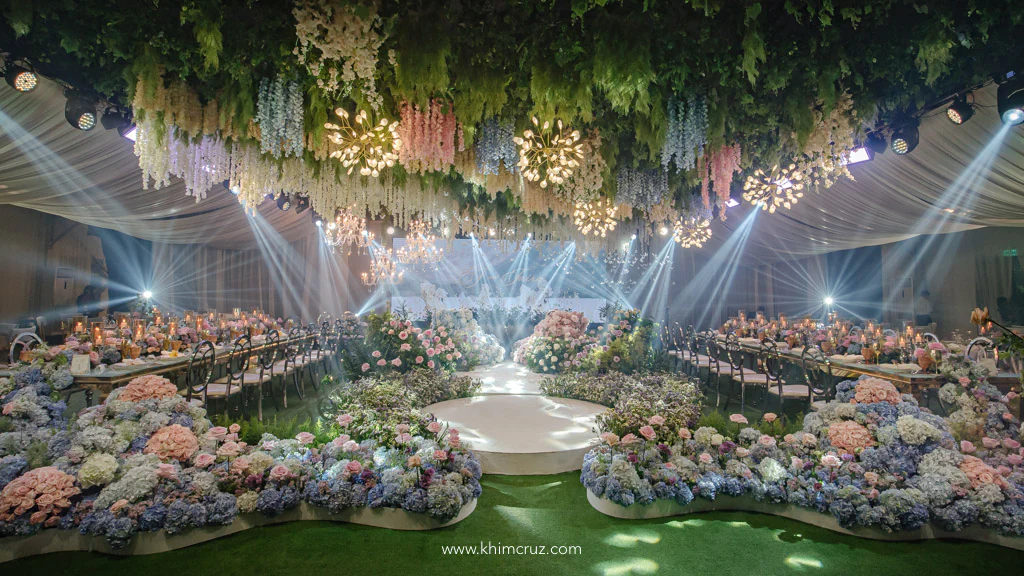 spring garden wedding reception with blue hydrangeas and ceiling works for EJ and Jaira by Khim Cruz