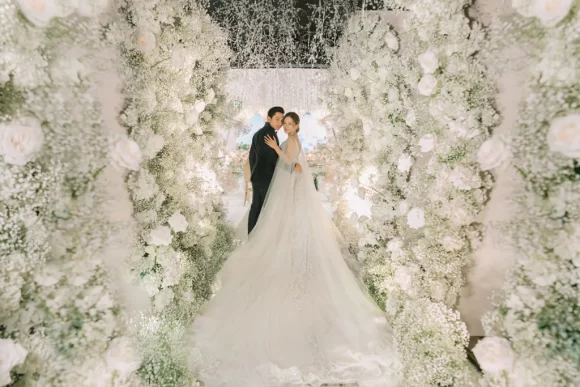 white flowers entrance tunnel event design by Khim Cruz