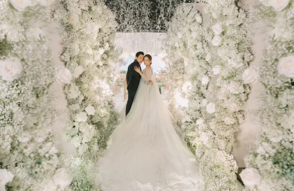 white flowers entrance tunnel event design by Khim Cruz