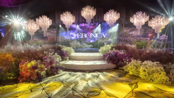 Veronica Kitty Duterte debut stage design florals and hanging chandeliers by Khim Cruz