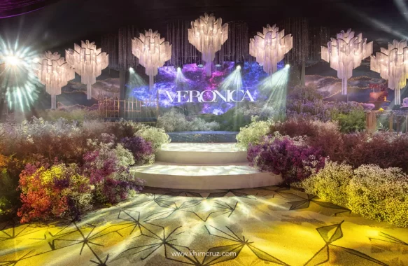 Veronica Kitty Duterte debut stage design florals and hanging chandeliers by Khim Cruz