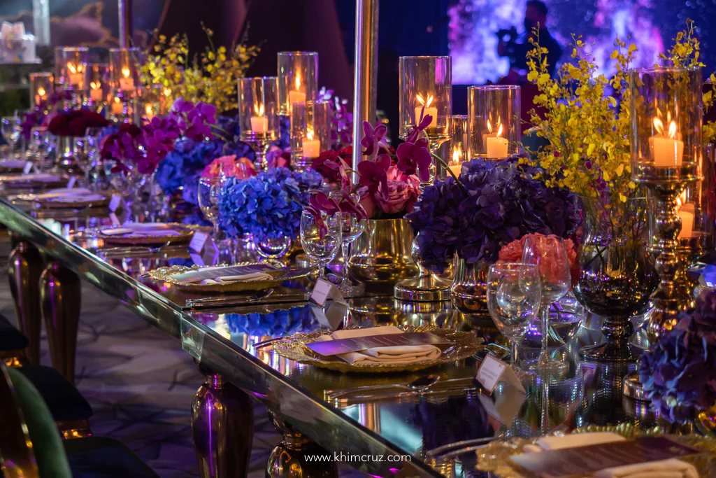 Veronica Kitty Duterte debut table setting flower centerpiece in rich hue by Khim Cruz