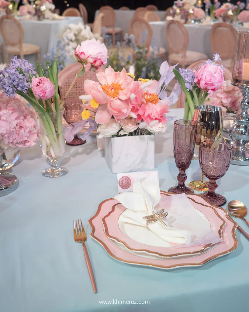 ethereal sophisticated modern debut 18th birthday party of Alesi table setting setup with fresh flowers and cutleries