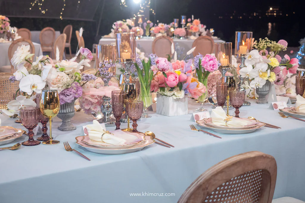 ethereal sophisticated modern debut 18th birthday party of beautiful debutant Alesi table floral centerpieces