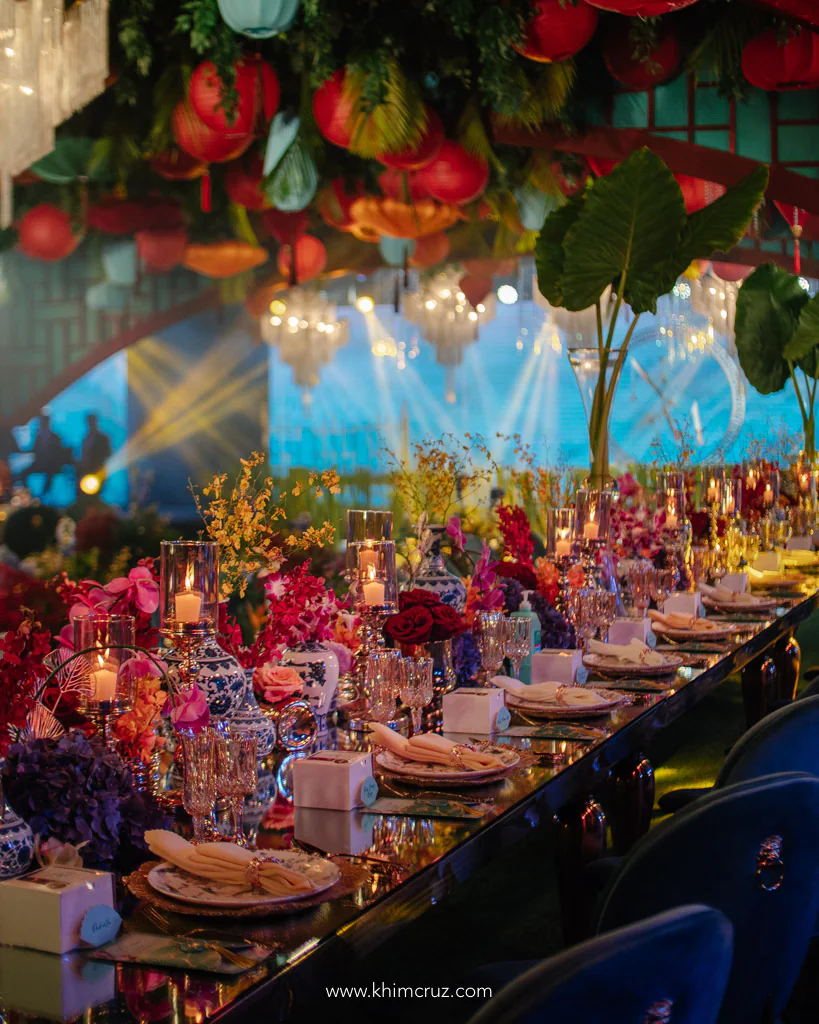 Crazy Rich Asians wedding reception presidential table setup centerpiece flowers designed by event stylist Khim Cruz