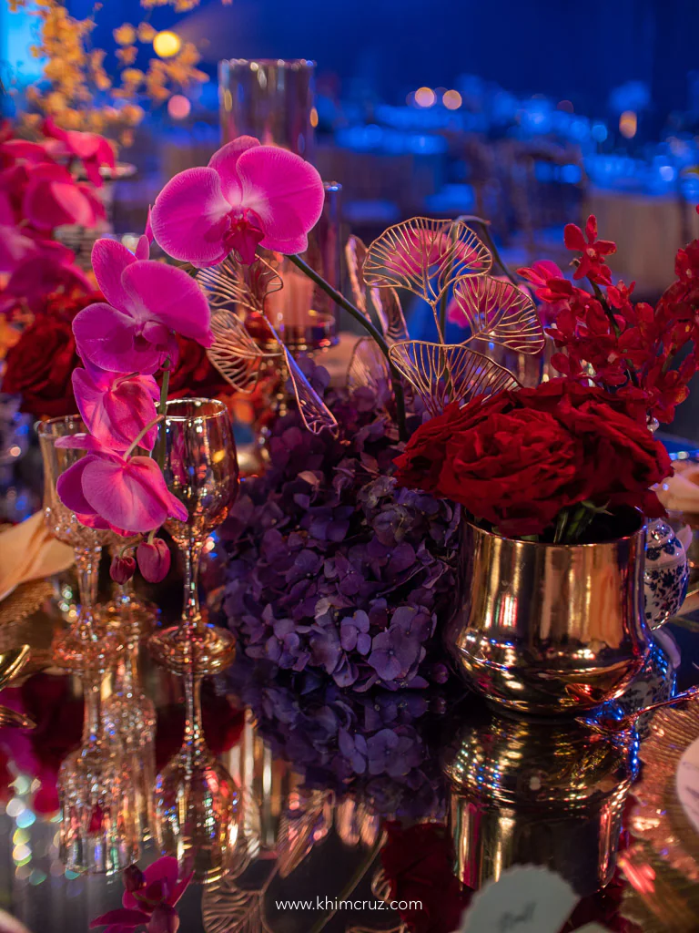 Crazy Rich Asians wedding reception table centerpiece flowers and details for Neall & Mikaella