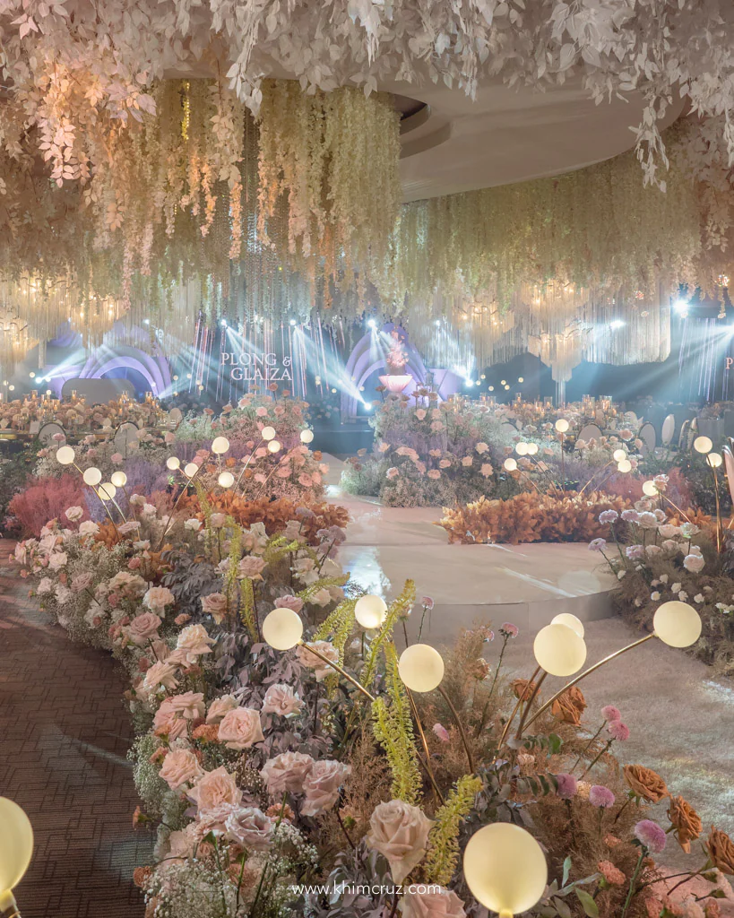 elegant wedding reception of Plong and Glaiza floral walkway and khimscaped dance floor
