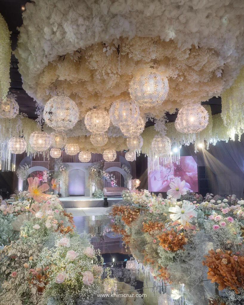 dreamy debut with cloud-like design abundantly filled with Gypsophilas ceiling installation by Khim Cruz