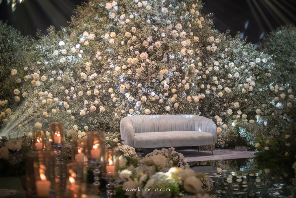 Nikah wedding ceremony of Datu Pax Ali and Bai Shari floral wall backdrop with couch