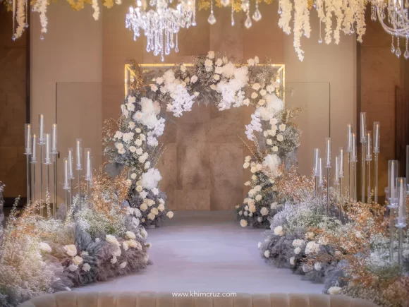 all white 50th golden wedding anniversary ceremony with a touch of gold floral entrance arch by Khim Cruz