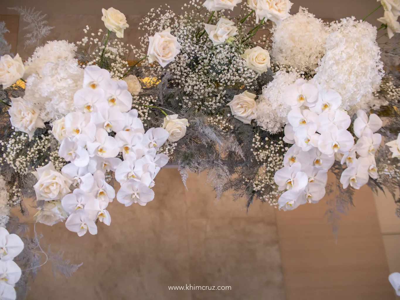 white phalaenopsis floral arch details for the golden wedding anniversary