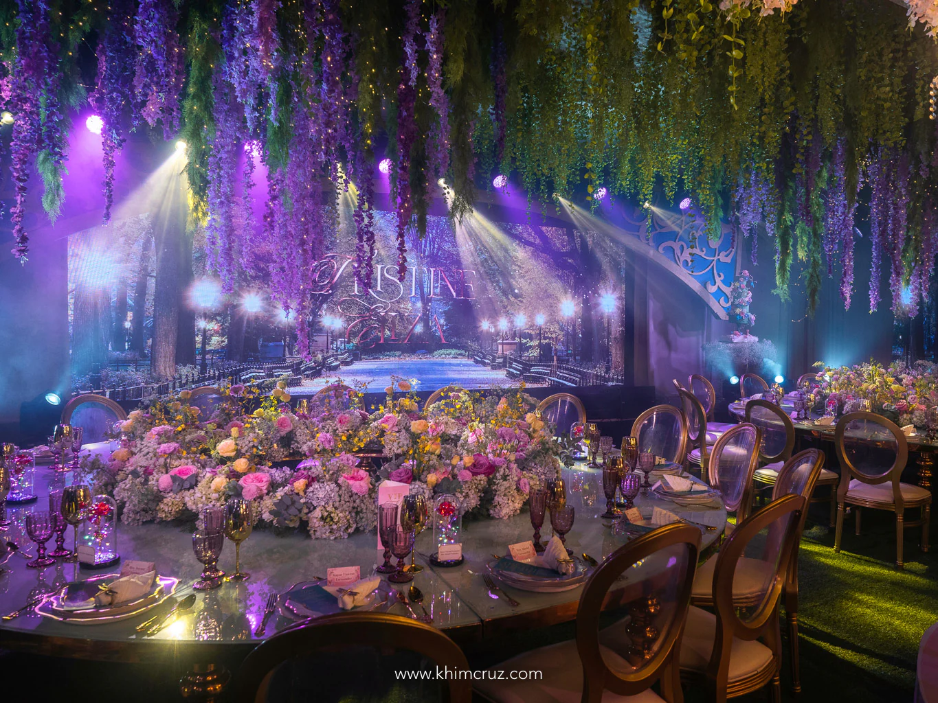 disney enchanted movie inspired 18th birthday debut split rolling LED display round VIP table by Khim Cruz