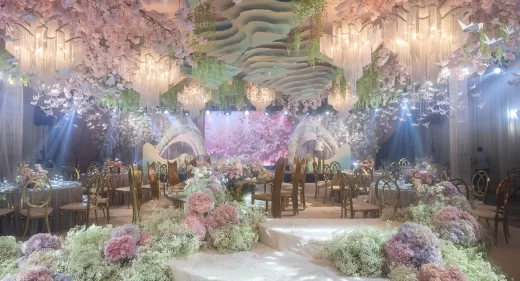 serene Japanese springtime cherry blossom wedding reception designed by Khim Cruz