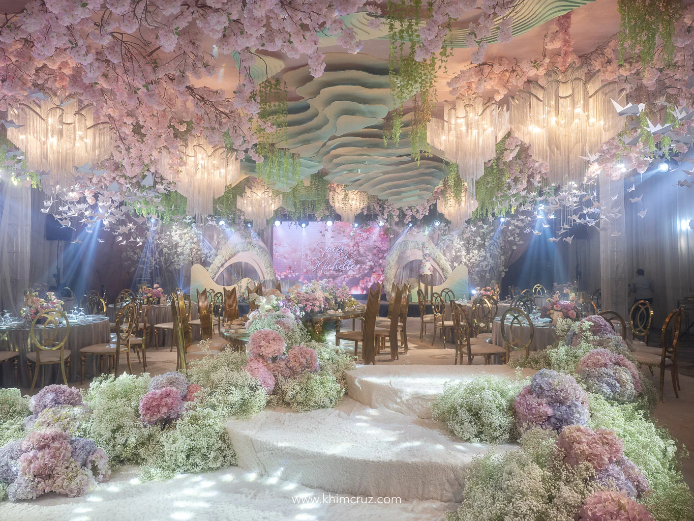 serene Japanese springtime cherry blossom wedding reception designed by Khim Cruz