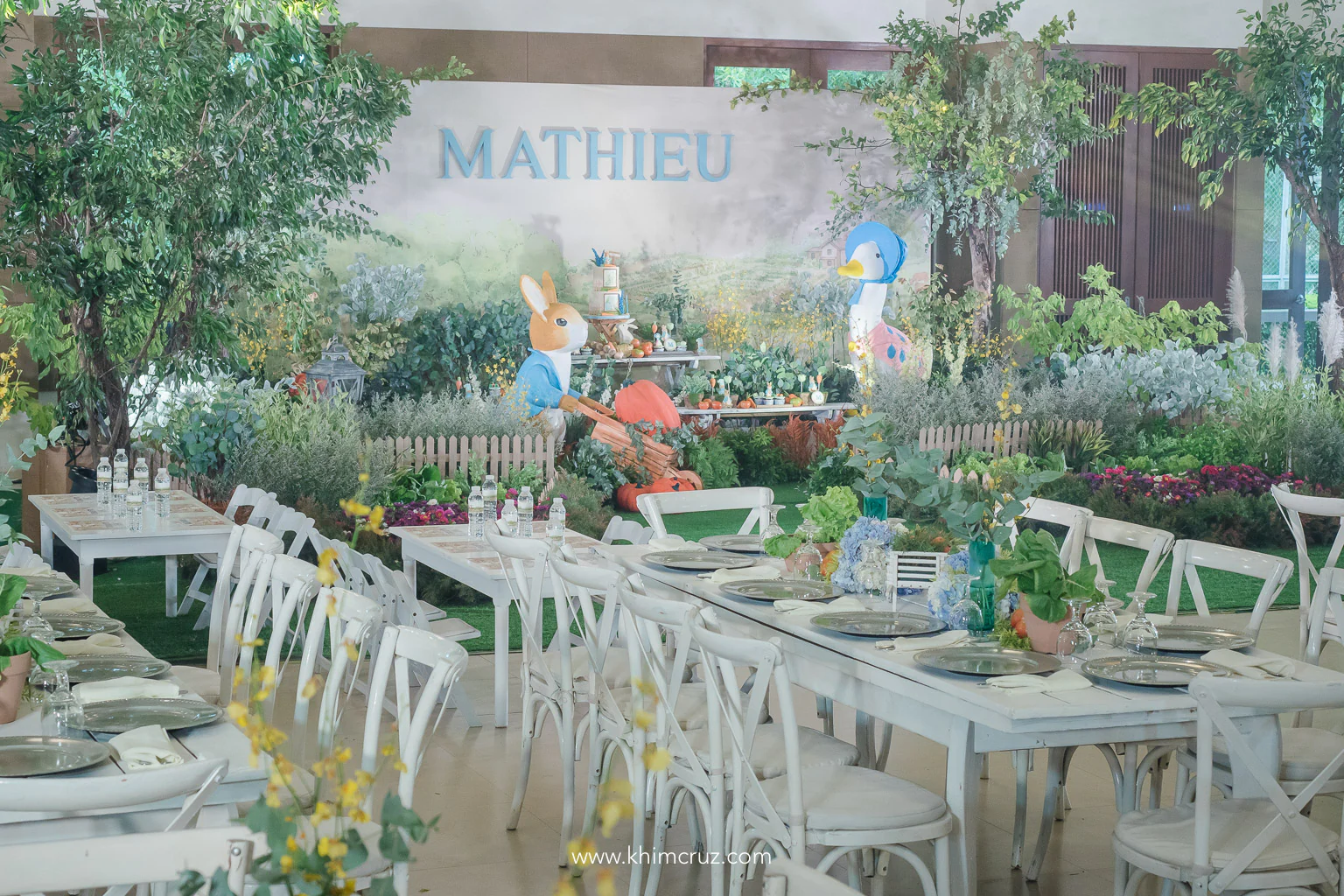 McGregors garden with trees and fresh produce vegetables Peter Rabbit themed birthday party celebration by Khim Cruz