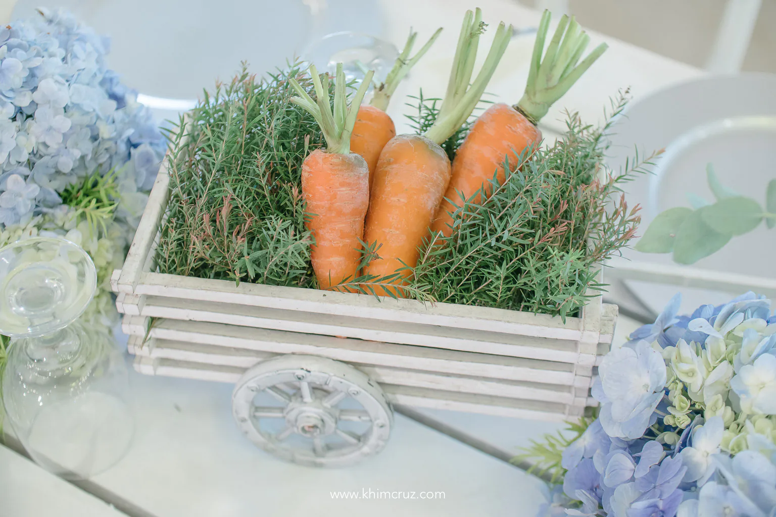 carrots on cart fresh produce table centerpiece Peter Rabbit themed party