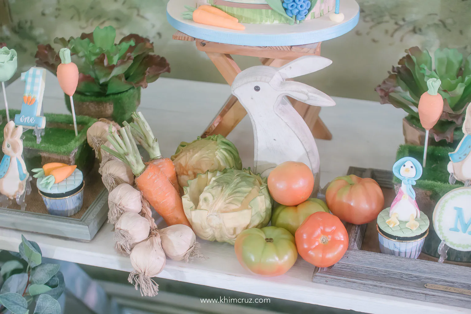 dessert table detail carrots and tomatoes Peter Rabbit themed birthday celebration