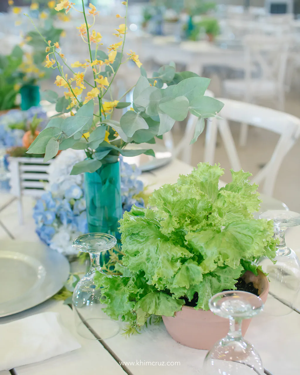 lettuce table centerpiece with floral accept at Peter Rabbit themed birthday