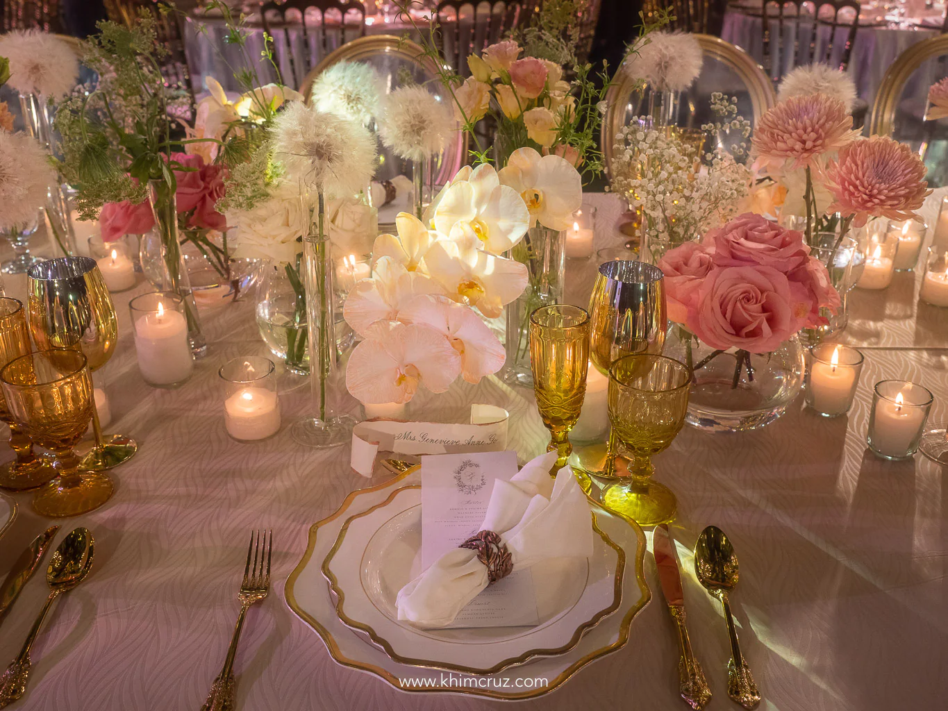 modern old-world delicate floral centerpieces with candles and plating setup by Khim Cruz