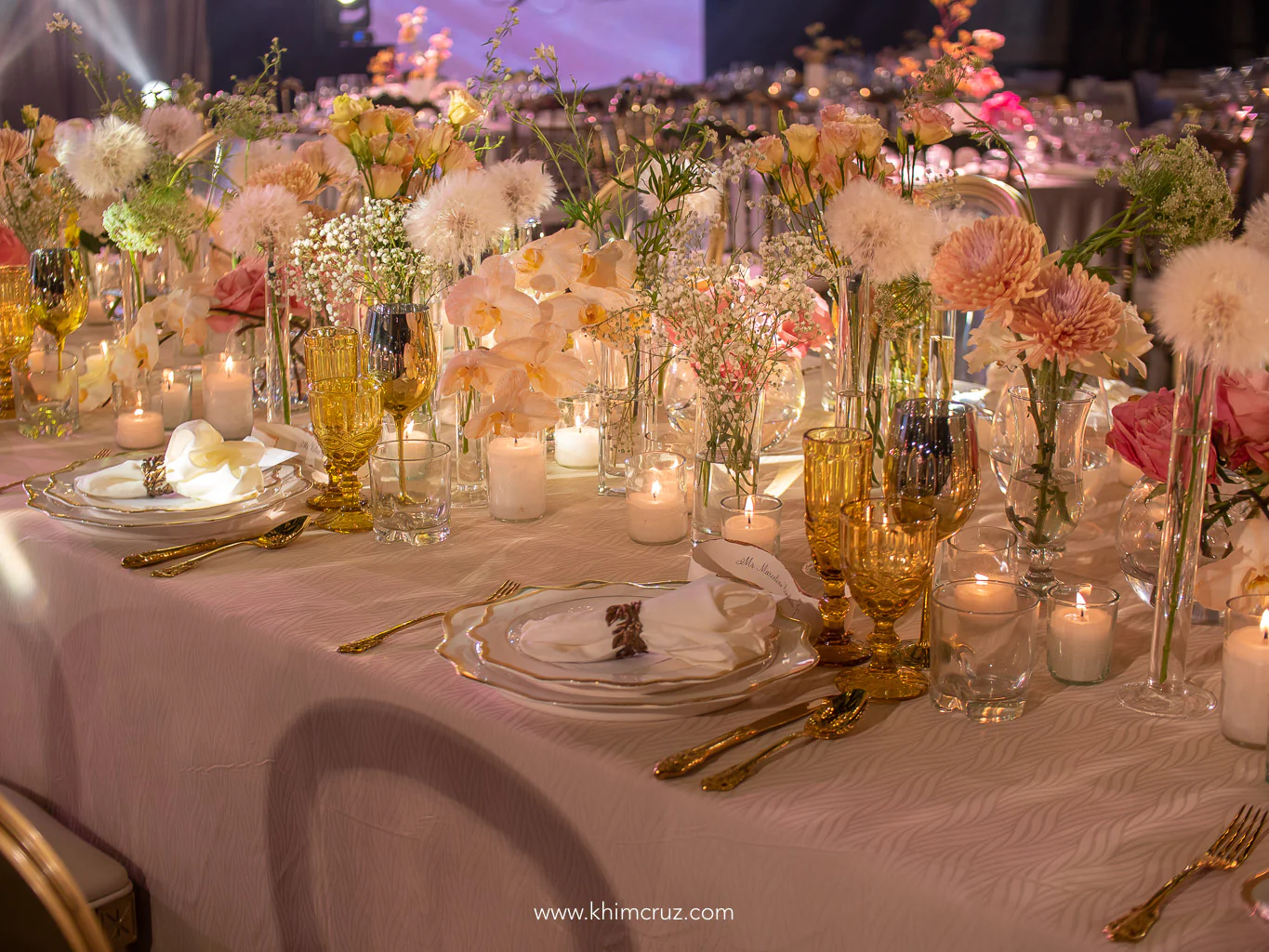 modern old-world table setting setup with flowers and candles by Khim Cruz