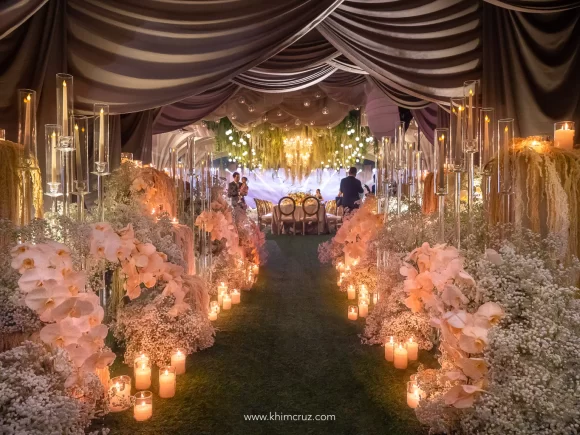 modern old-world theme wedding candle lit entrance tunnel by event stylist Khim Cruz