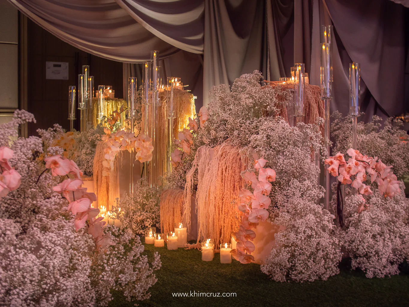 modern old-world themed wedding reception entrance tunnel floral design by event stylist Khim Cruz