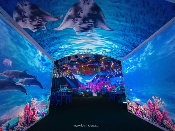 under the sea themed birthday party aquarium LED entrance tunnel concept by Khim Cruz
