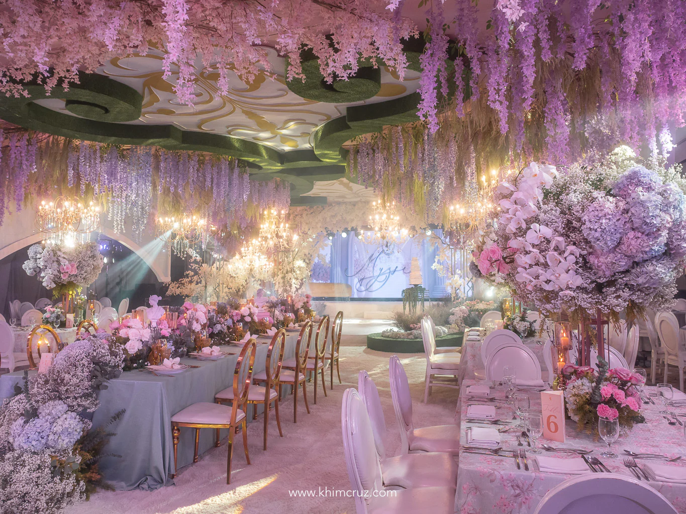 chateau gardens inspired debut 18th birthday celebration ceiling and table floral design by Khim Cruz