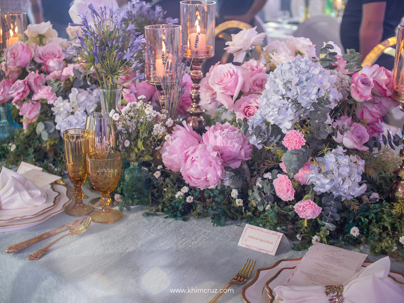 dainty peonies floral table centerpieces setting by Khim Cruz