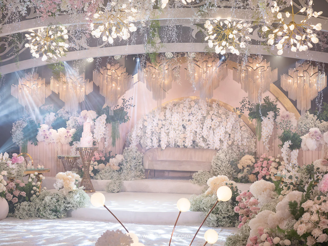 garden-inspired intimate wedding reception stage design with floral works for a Nikah ceremony