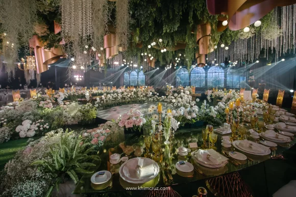 a dreamy conservatory-inspired wedding reception with semi circular presidential table by florist Khim Cruz