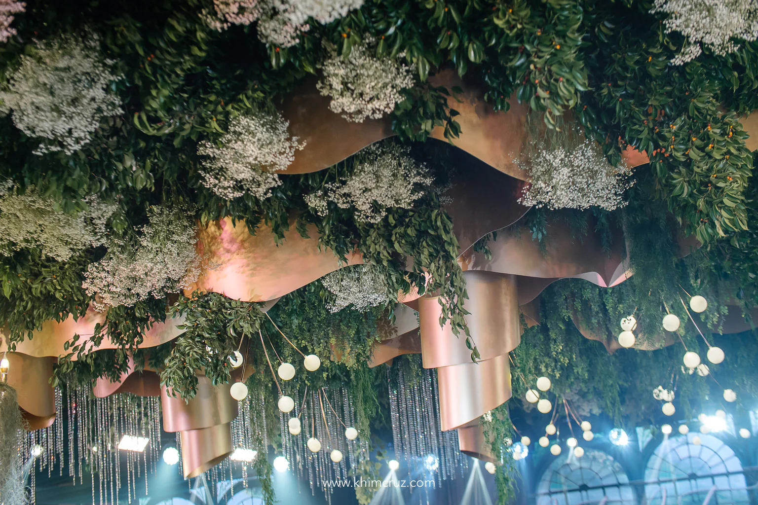 ceiling installation details with fresh gypsophilas for a dreamy conservatory-inspired wedding