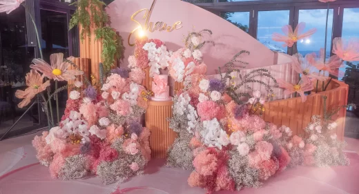 chic soiree floral art backdrop for Shanes 40th birthday flower design by Khim Cruz