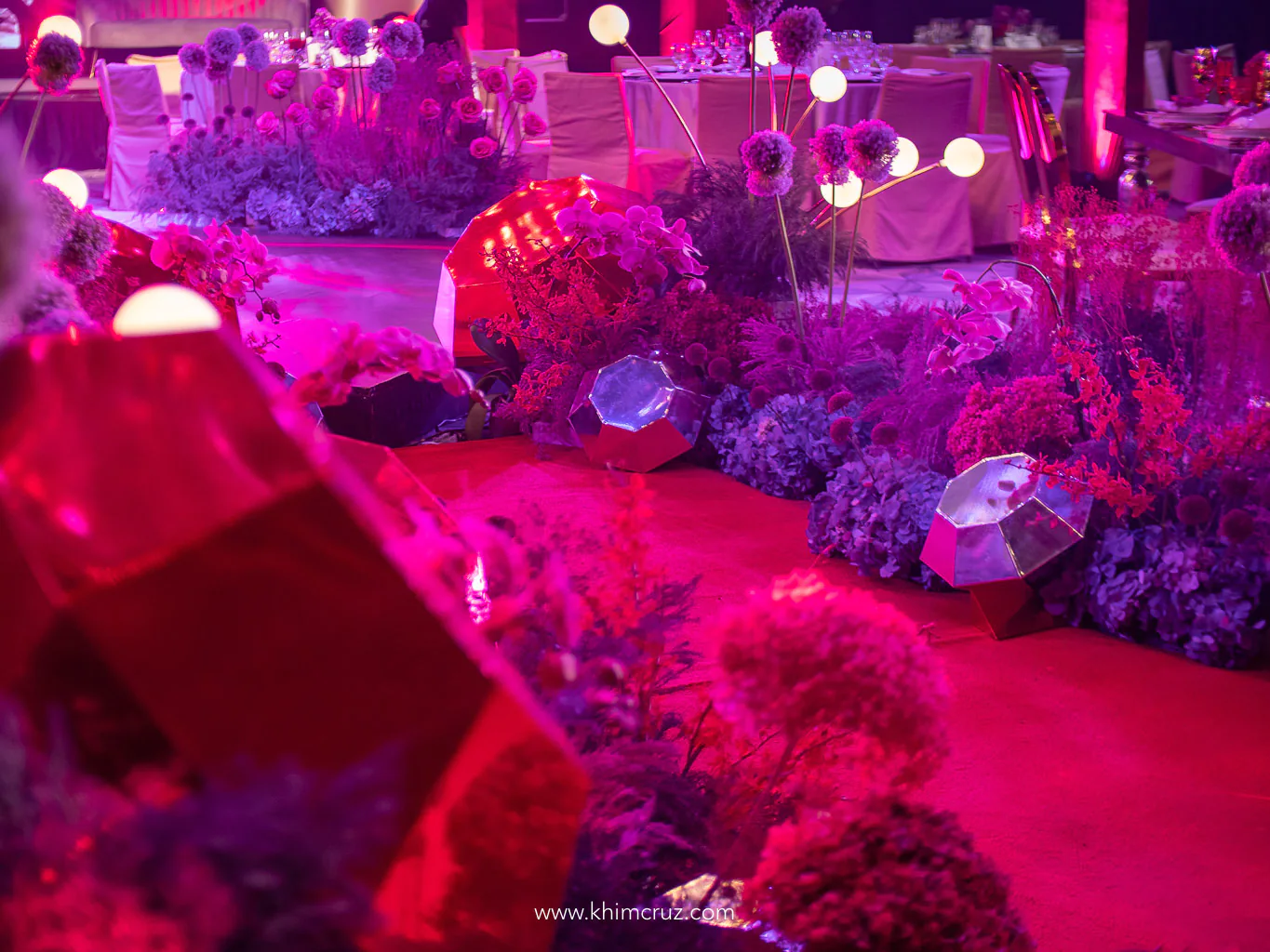 diamonds and rubies themed jewel-toned floral pathway with 3D gem props