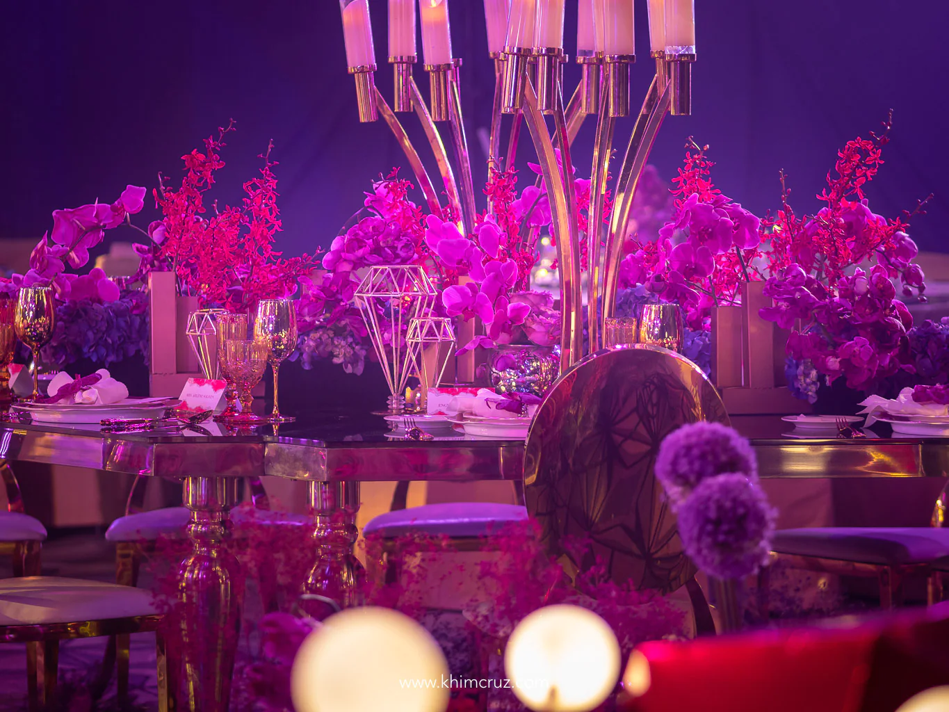 floral centerpieces table setting for a presidential table for a rubies and diamonds themed birthday