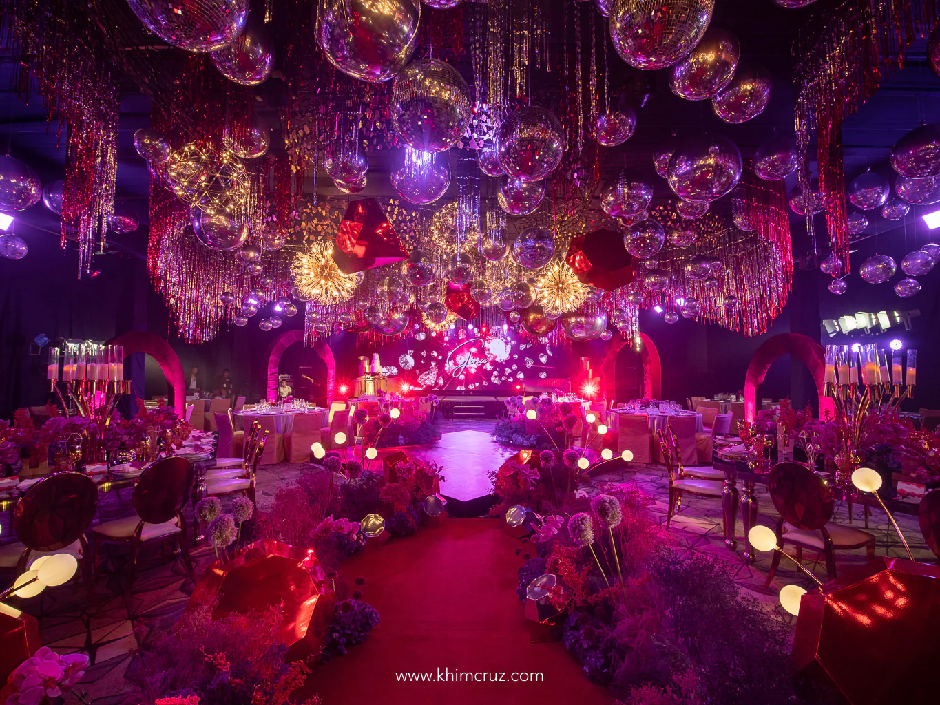 rubies and diamonds themed birthday celebration sparkling ceiling installation disco balls event designed by Khim Cruz