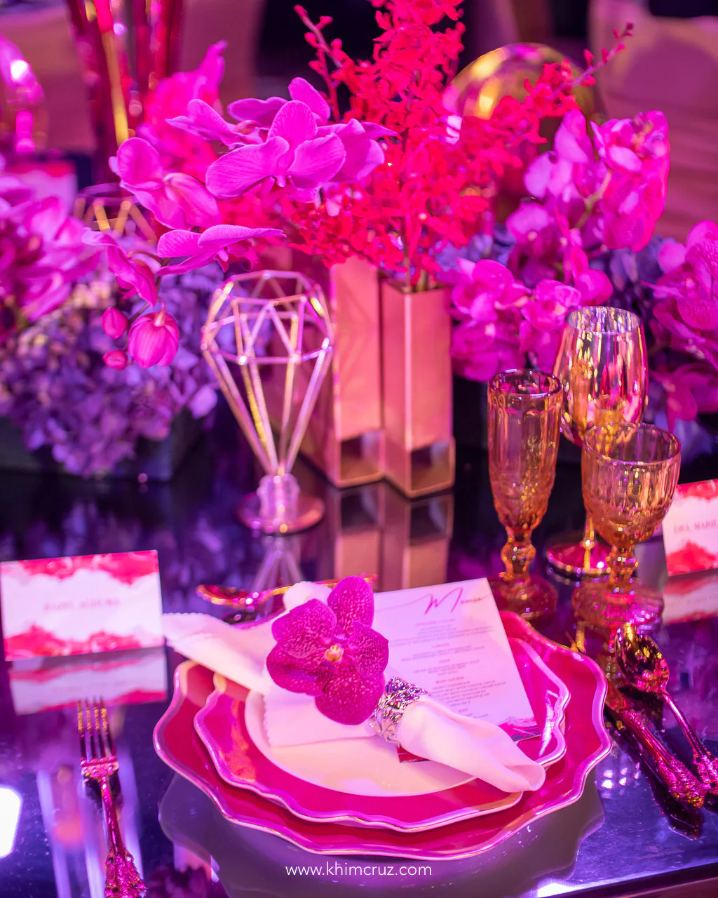 table setting floral details for a rubies and diamonds themed birthday celebration