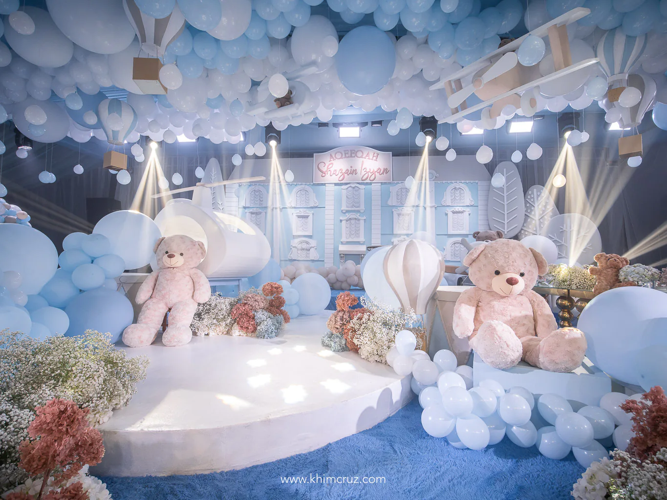 toy land and bear theme kids party doll house backdrop helicopter airplane props and balloons by Khim Cruz