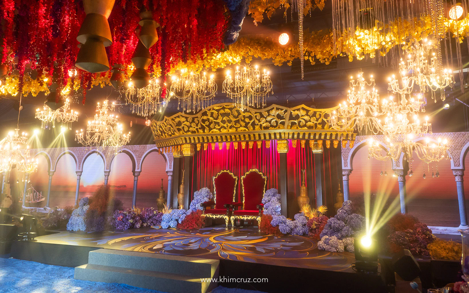 modern Maguindanaon wedding royal throne with hanging chandeliers