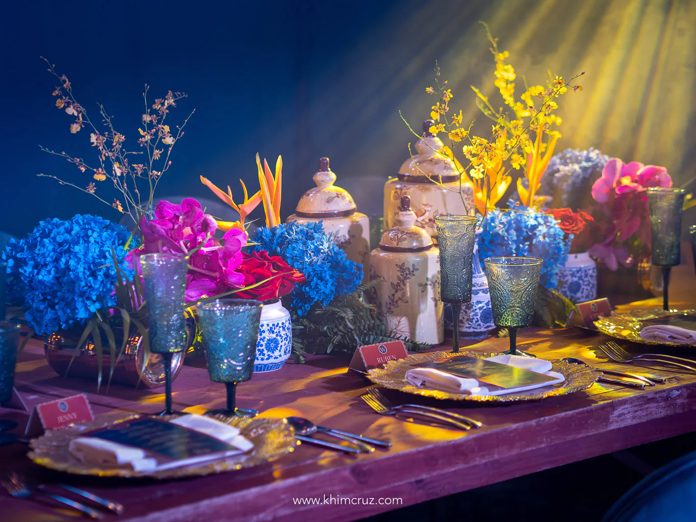 industrial Oriental theme tablescape fresh vandas and oriental ceramic jars styled by florist Khim Cruz