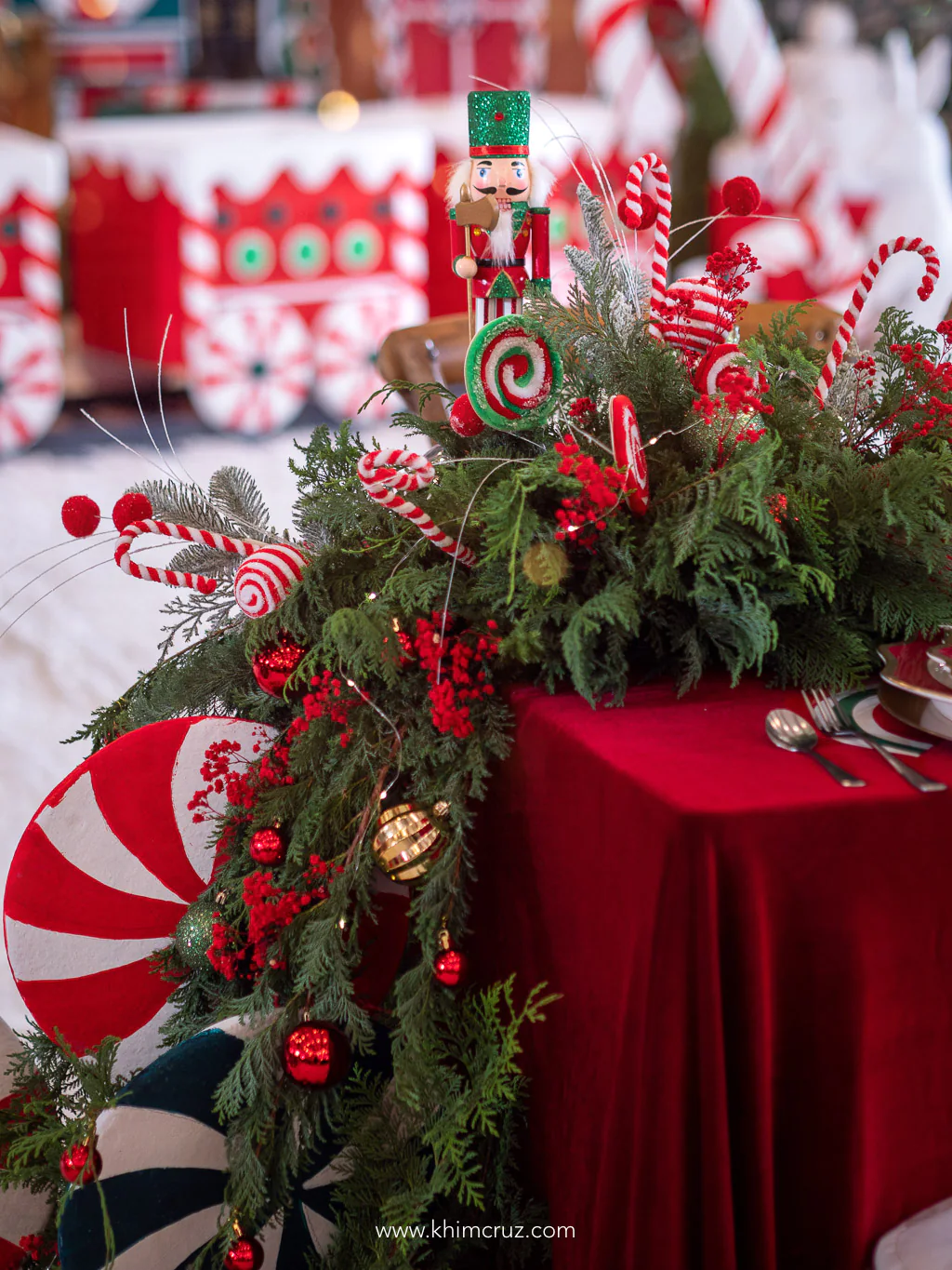 Cascading table details for a Christmas themed nutcracker birthday celebration