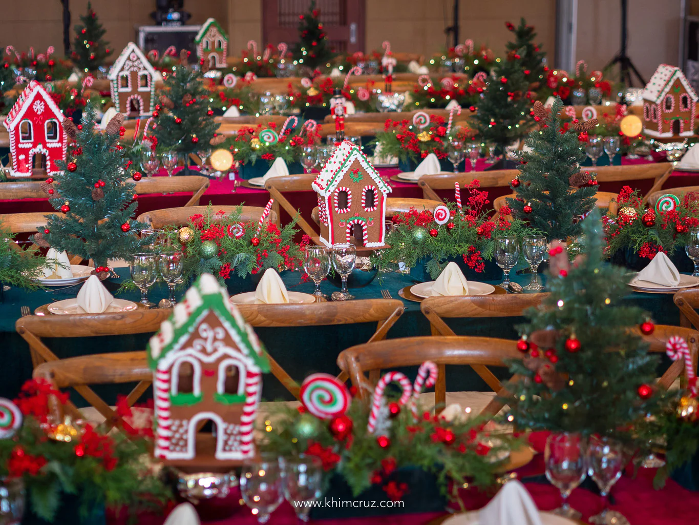 Christmas village gingerbread house and nutcracker table centerpiece for a kids birthday bash