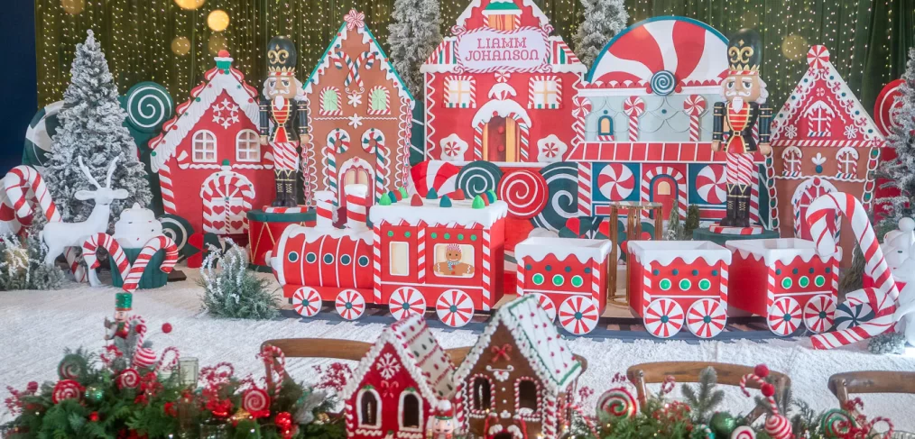 Gingerbread inspired winter wonderland Christmas village birthday party designed by Khim Cruz