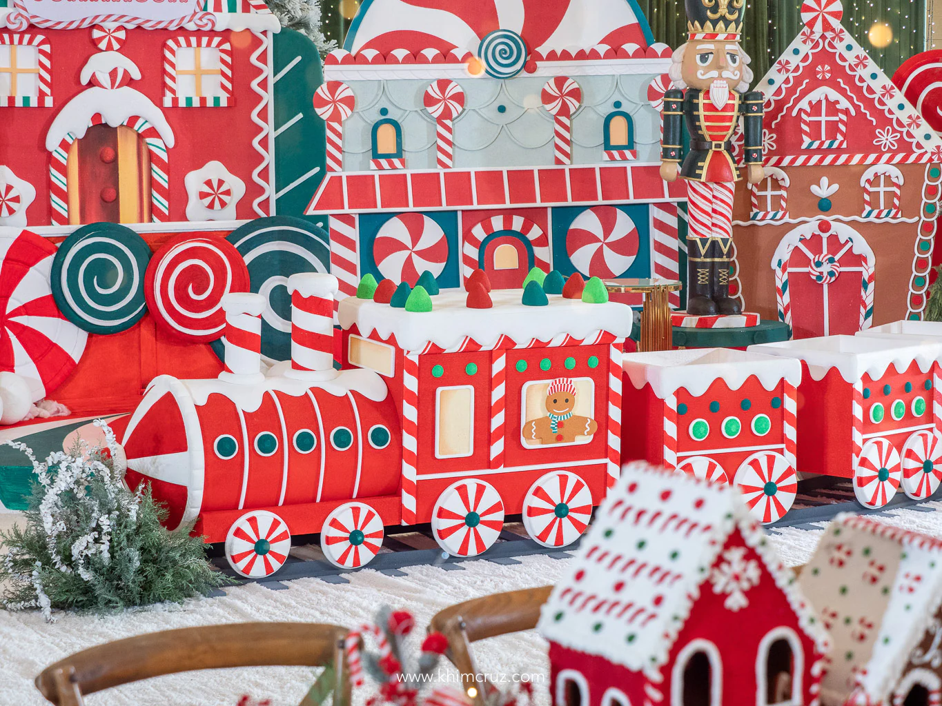 Gingerbread train Christmas village stage design kids birthday party celebration