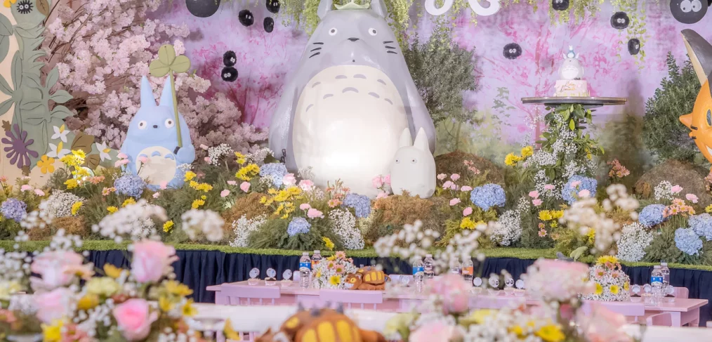 Totoro and friends stage diorama set on a forest kid's birthday party