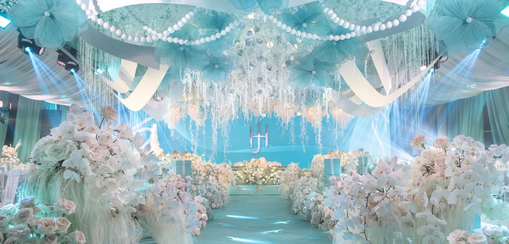 Tiffany-inspired wedding reception of Hiro and Jhazmin ceiling decor with signature white ribbon